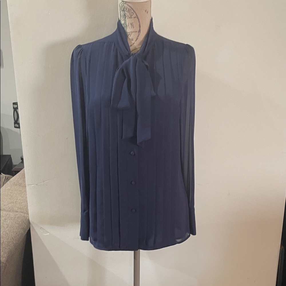 Navy Tie-Neck Pleated Blouse - Women's Long Sleeve NWOT